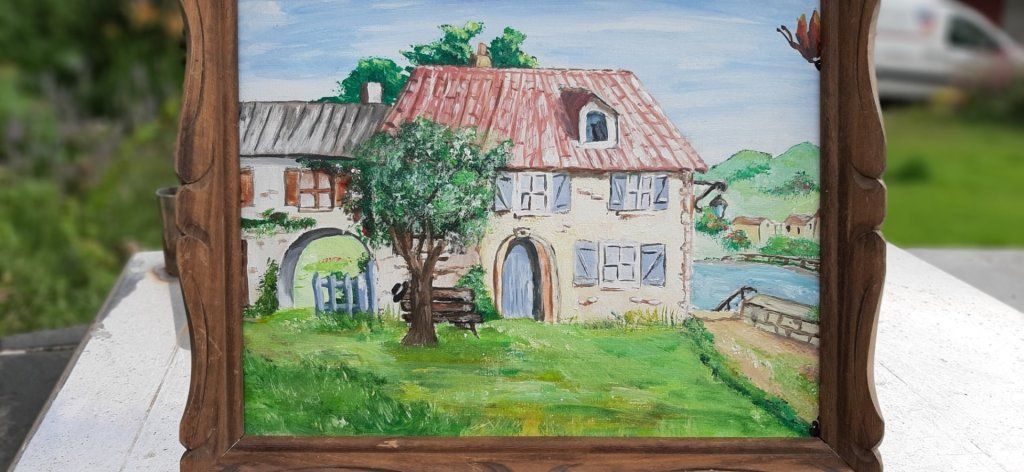 Sur toile, peinture acrylique, petit cadre en bois vernis