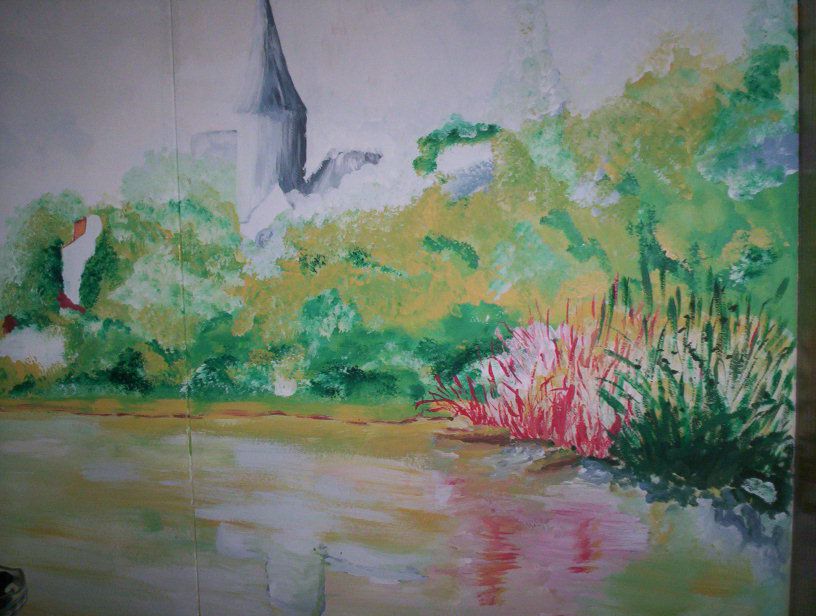 Ce paysage de bord de Loire, je l'ai peint en acrylique, sur des panneaux en particules de bois, puis accrochés aux murs