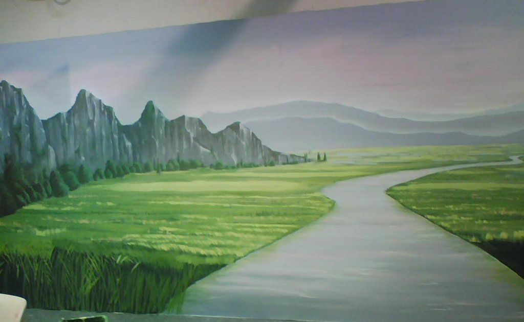 Sur toile tendu, ébauche d'un paysage de Chine est peint à l'acrylique