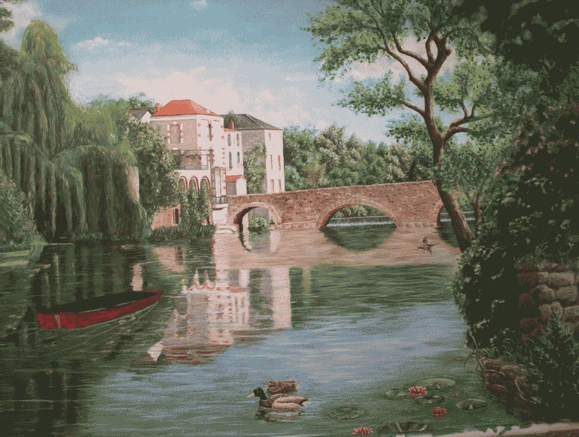 Le paysage de Clisson, le long de l'eau, il a été peint à l'acrylique, en plusieurs mains 
Ces toiles sont posées et collées sur un mur  comme une tapisserie