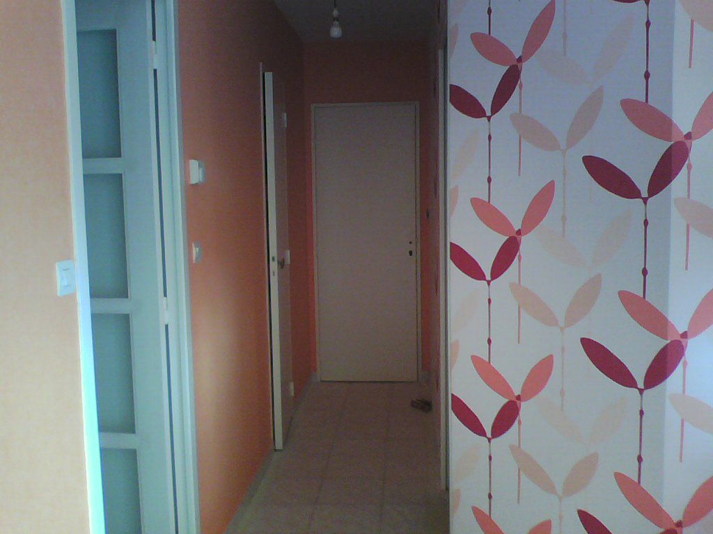Un papier peint unis orange a été posé dans le couloir en harmonie avec celui à fleurs de l'entrée, j'ai peint les portes d'un ton plus clair.