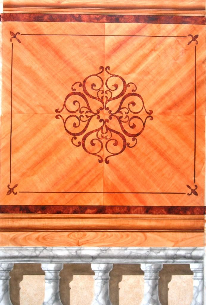 Marqueterie de faux bois et balustres de balcon en faux marbre, ceci en peinture à l'huile et glacis