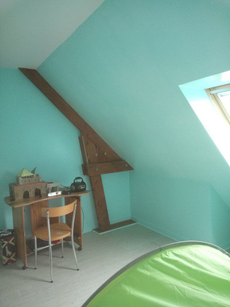 C'est donc une teinte turquoise pour cette chambre d'enfant , c'est une peinture à base d'algue, l'avantage est qu'elle n'a pas d'odeur et à un très bon pouvoir couvrant .